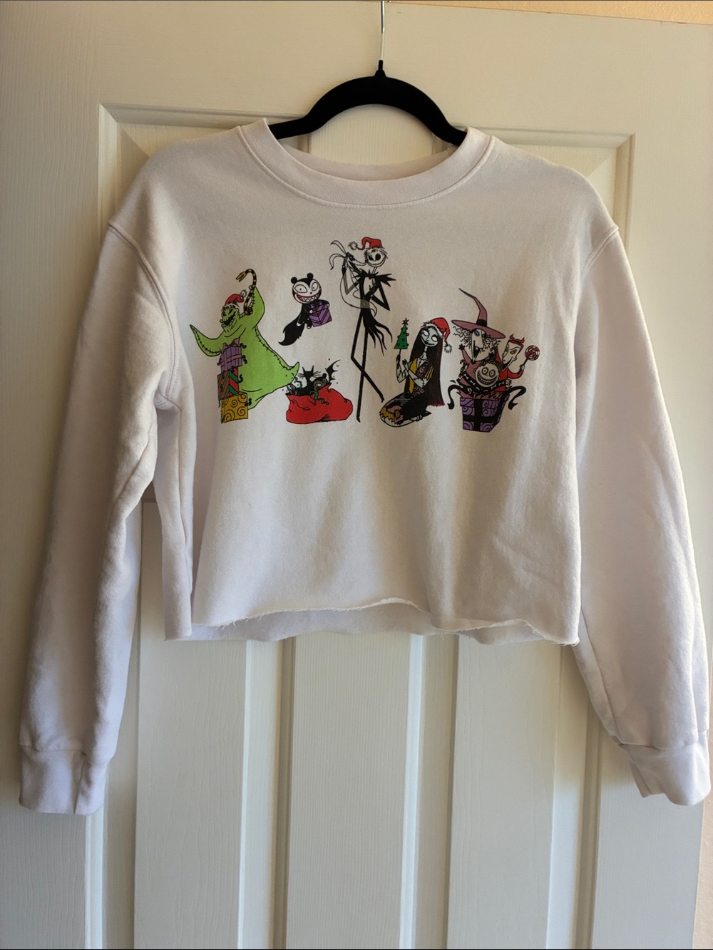Disney White Cropped Crewneck Sweatshirt with Colorful Nightmare Characters M